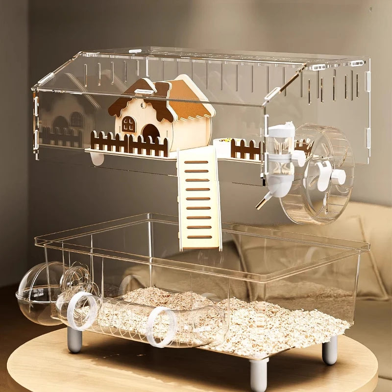 Acrylic Hamster Cage, 360째 View Hamster Villa, Large Luxury Anti-Chew Cage, Quiet Rolling Wheel, Easy to Clean