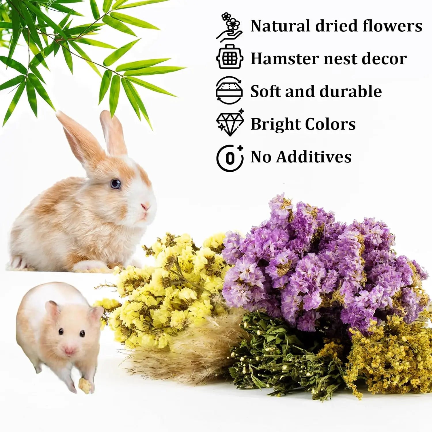 42Pcs Natural Dried Flowers Hamster Bedding Decor - Safe Herbs Sprays for Small Pet Cage Hideout
