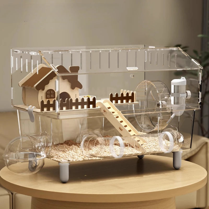 Acrylic Hamster Cage, 360째 View Hamster Villa, Large Luxury Anti-Chew Cage, Quiet Rolling Wheel, Easy to Clean