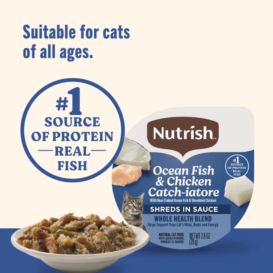 Grain-Free Wet Cat Food for Indoor Cats, Ocean Fish Chicken Flavor, Natural Ingredients with Real Flaked Ocean Fish and Shredde