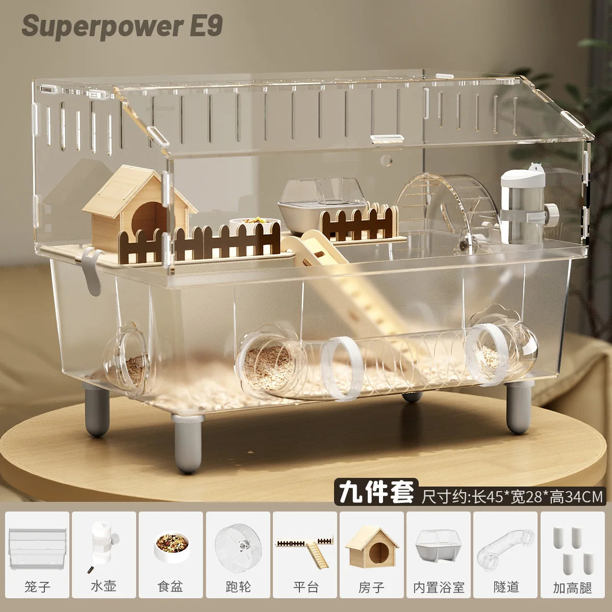 Acrylic Hamster Cage, 360째 View Hamster Villa, Large Luxury Anti-Chew Cage, Quiet Rolling Wheel, Easy to Clean