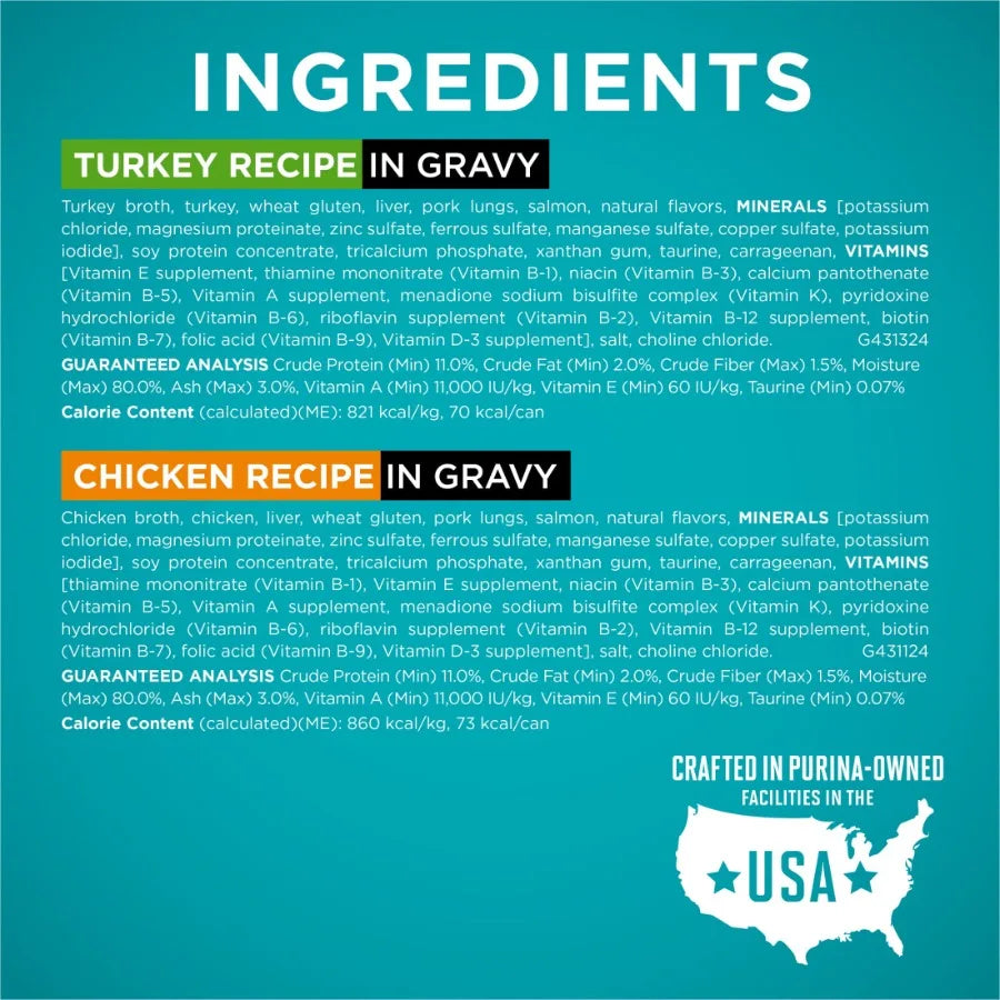 Natural High-Protein Wet Cat Food Variety Pack for Indoor Outdoor Cats Turkey Chicken Tuna Recipes in Gravy, 3 oz Cans, Grain-F