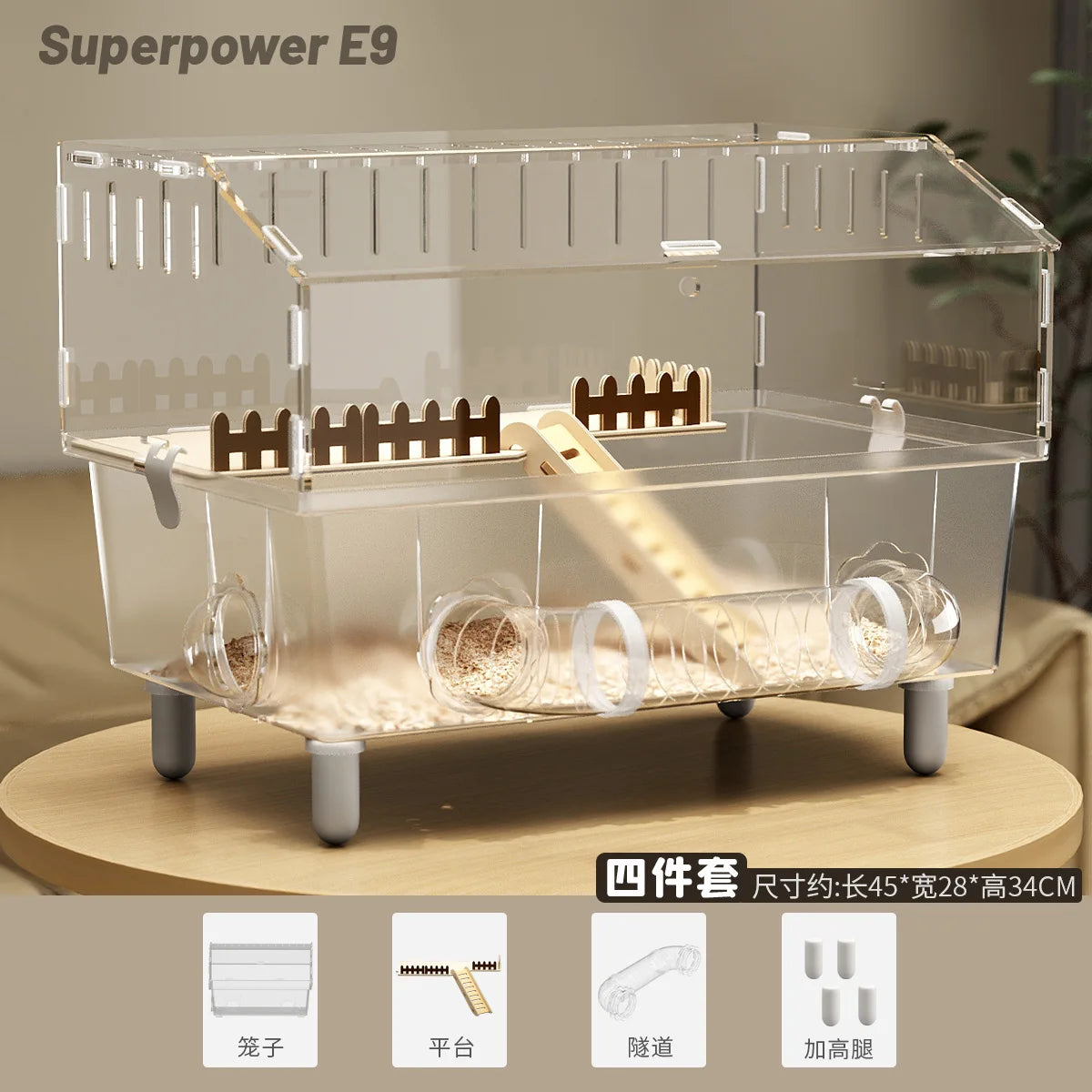 Acrylic Hamster Cage, 360째 View Hamster Villa, Large Luxury Anti-Chew Cage, Quiet Rolling Wheel, Easy to Clean
