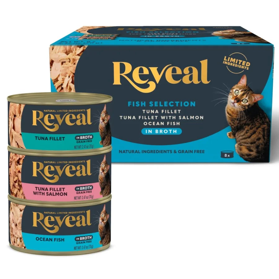 Reveal Dry Cat Food Whitefish Recipe 3lb and Wet Cat Food Fish Variety Pack in Broth 8 x 2.47oz Cans