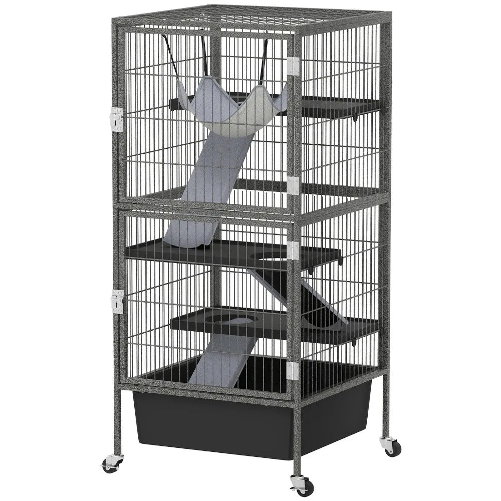 45" Small Animal Cage, 4-Tier Rolling Ferret Chinchilla Cage, Gray
