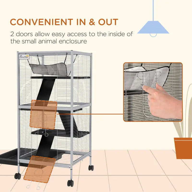 PawHut 45" H Rolling Small Animal Cage with Hammock, Ferret Cage, Chinchilla Cage, Pet Habitat with 6 Doors, Removable Tray