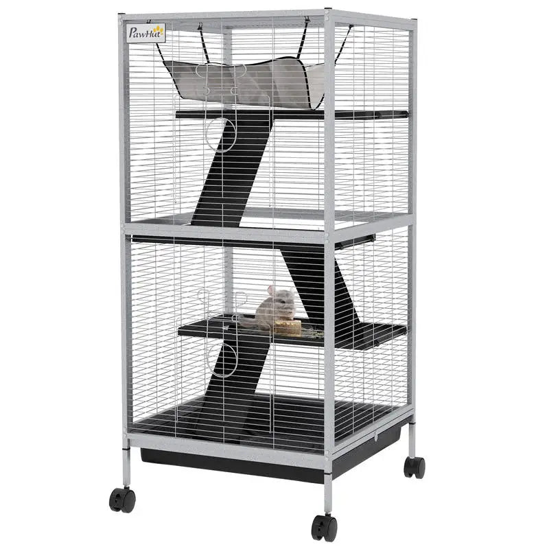 PawHut 45" H Rolling Small Animal Cage with Hammock, Ferret Cage, Chinchilla Cage, Pet Habitat with 6 Doors, Removable Tray