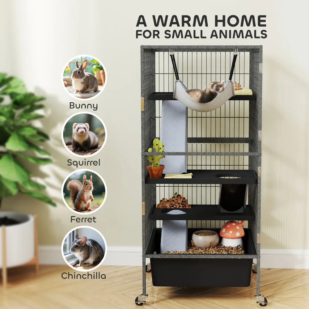 45" Small Animal Cage, 4-Tier Rolling Ferret Chinchilla Cage, Gray