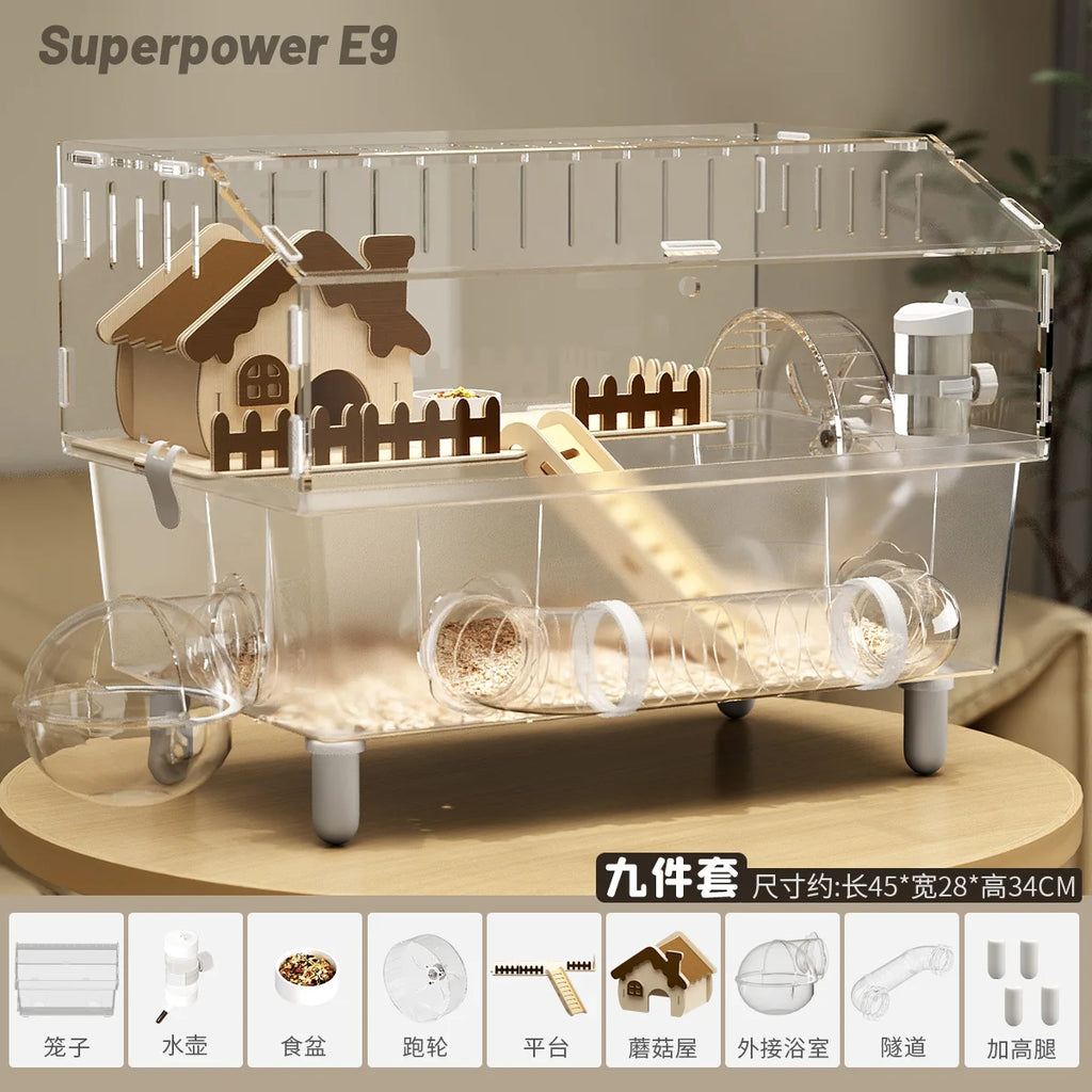 Acrylic Hamster Cage, 360째 View Hamster Villa, Large Luxury Anti-Chew Cage, Quiet Rolling Wheel, Easy to Clean