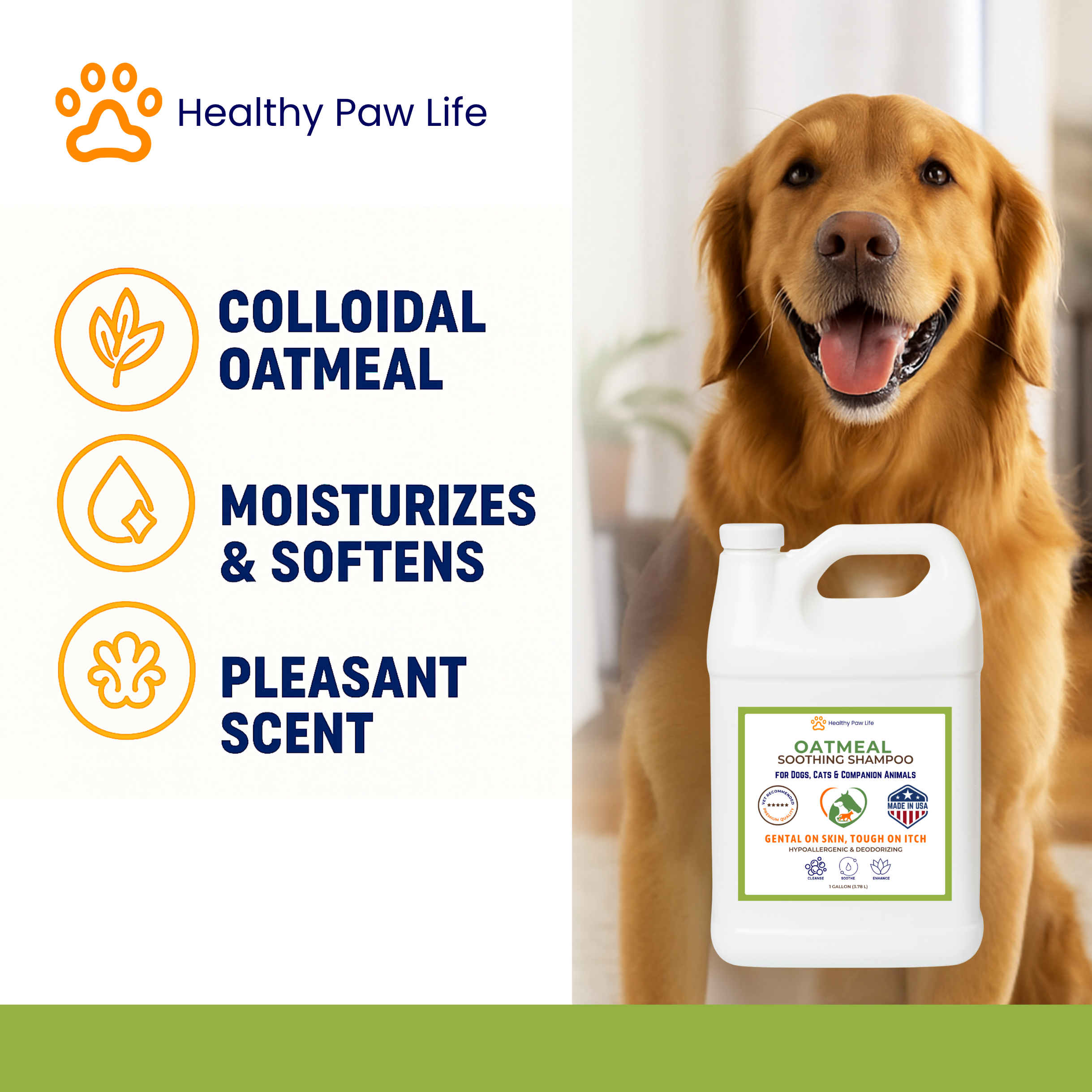 Oatmeal Shampoo – Vet-Recommended Itch Relief for Dogs, Cats & Horses – Hypoallergenic, Moisturizing & Deodorizing – 1 Gallon – Made in USA