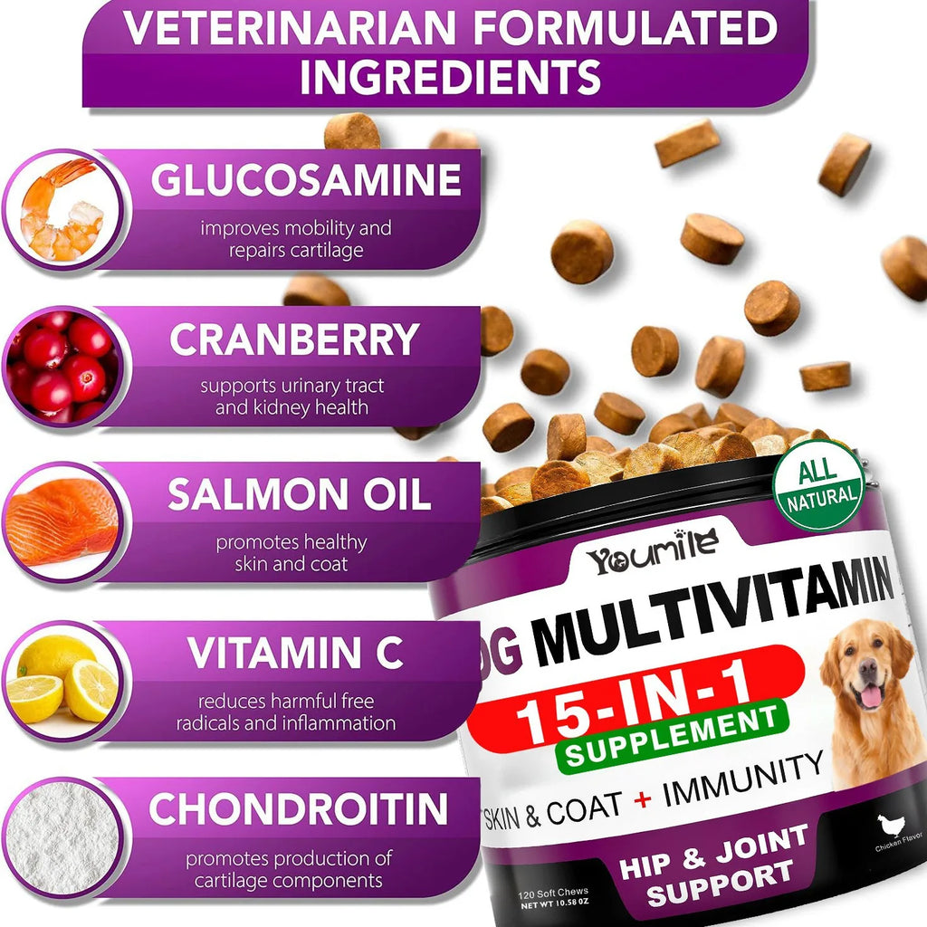 Senior & Puppy Dog Multivitamin Supplement Multi Vitamins Chicken Flavor Chews for Pet Joint Immunity Mobility Energy Gut Skin