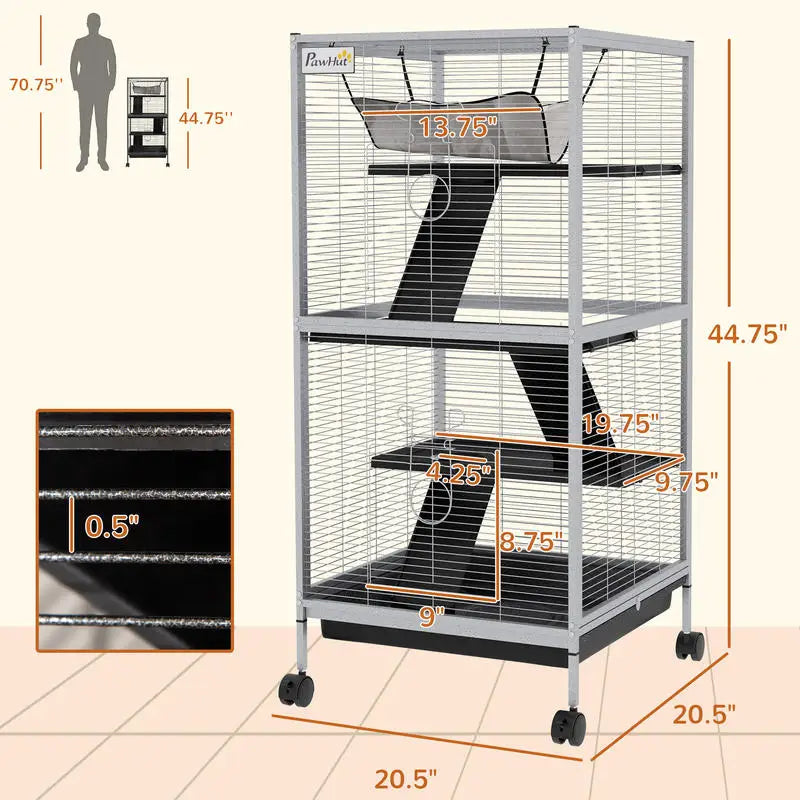 PawHut 45" H Rolling Small Animal Cage with Hammock, Ferret Cage, Chinchilla Cage, Pet Habitat with 6 Doors, Removable Tray
