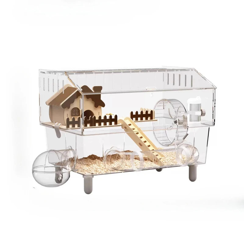 Acrylic Hamster Cage, 360째 View Hamster Villa, Large Luxury Anti-Chew Cage, Quiet Rolling Wheel, Easy to Clean