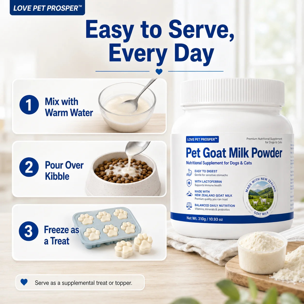 Pet Goat Milk Powder for Dogs & Cats, 310g Nutritional Supplement with Lactoferrin, Probiotics & Vitamins, Easy to Digest Goat Milk Powder for Puppies, Kittens, Senior Pets & Sensitive Stomachs