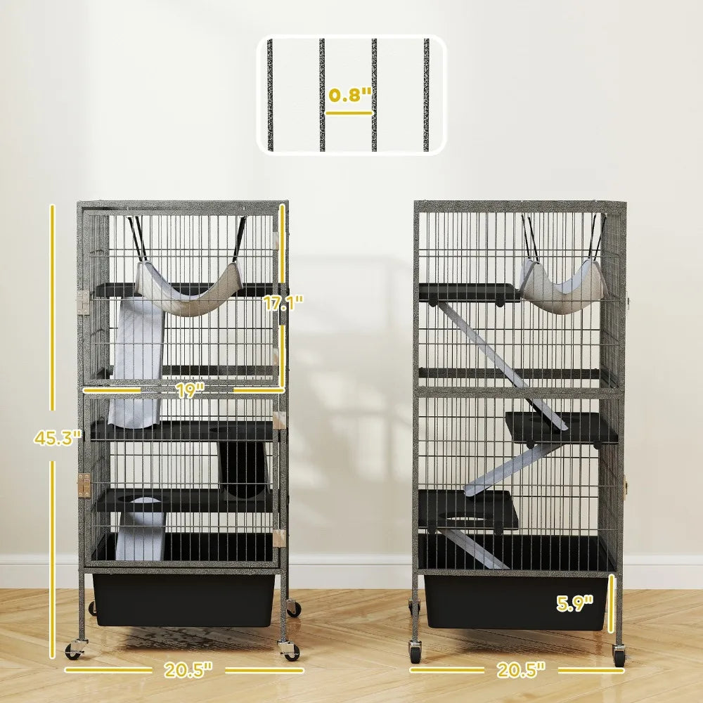45" Small Animal Cage, 4-Tier Rolling Ferret Chinchilla Cage, Gray
