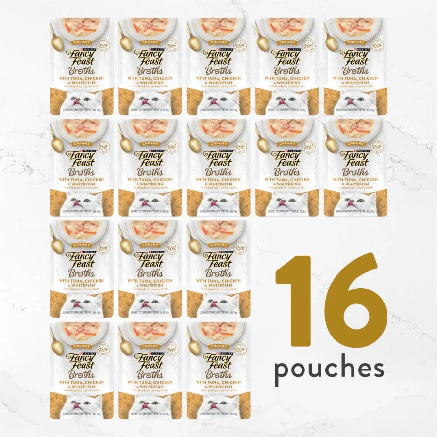 Purina Broths Wet Cat Food for Indoor Cats, Creamy Chicken Whitefish Flavor in 1.4 oz Pouches Soft Texture, Rich Aroma, Hydrati