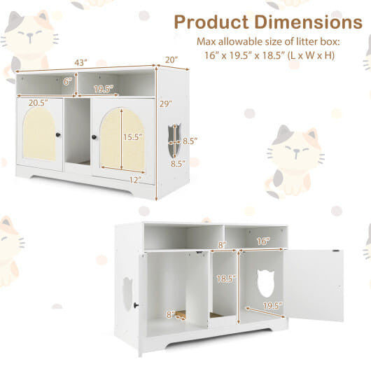 43 Inches Cat Litter Box Enclosure with Storage and Double Rooms-White