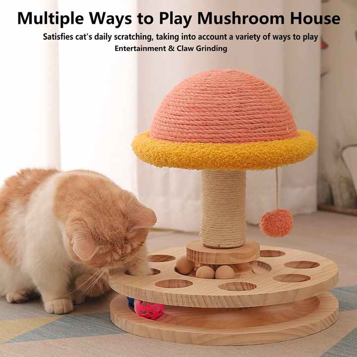 NNEDSZ Large Pink Interactive Cat Scratching Post with Ball Track – Fun Mushroom-Shaped Cat Toy for Play, Scratching, and Entertainment