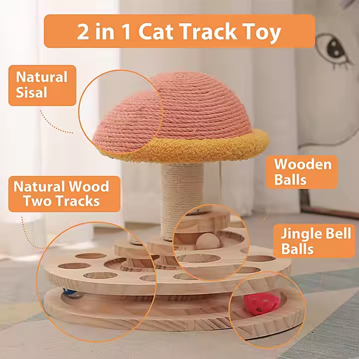NNEDSZ Large Pink Interactive Cat Scratching Post with Ball Track – Fun Mushroom-Shaped Cat Toy for Play, Scratching, and Entertainment
