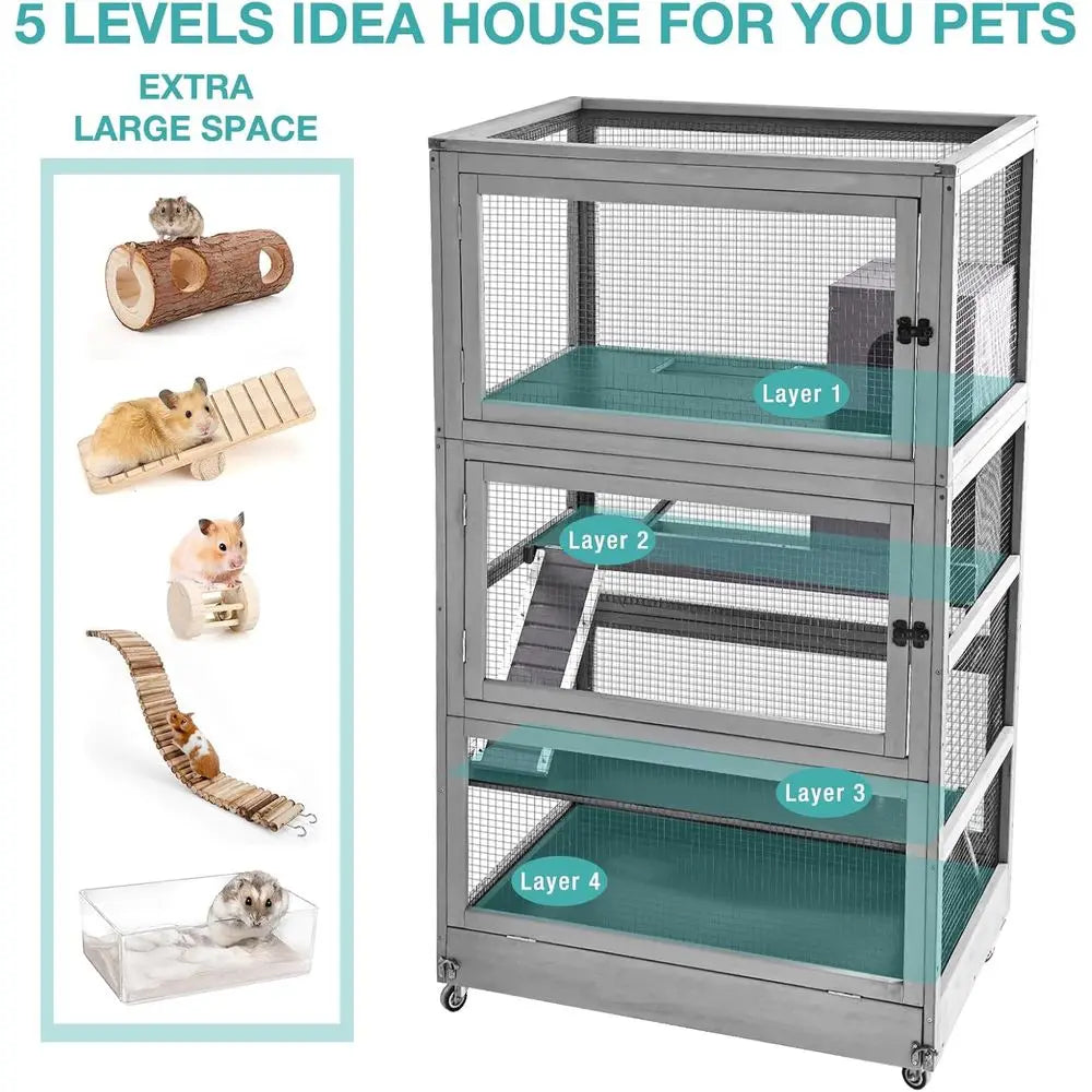 Large Guinea Pig Cage,4 Levels Wooden erret Cage with Wheels,Chinchilla Cage Upgrade Metal e Rat Cage or Indoor Outdoor