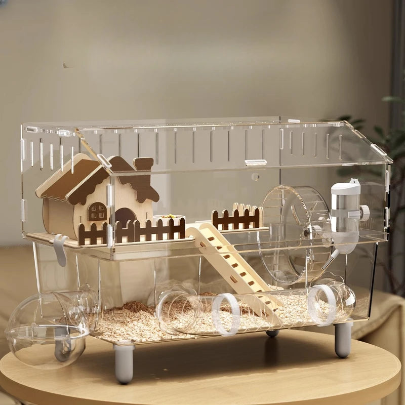 Acrylic Hamster Cage, 360째 View Hamster Villa, Large Luxury Anti-Chew Cage, Quiet Rolling Wheel, Easy to Clean