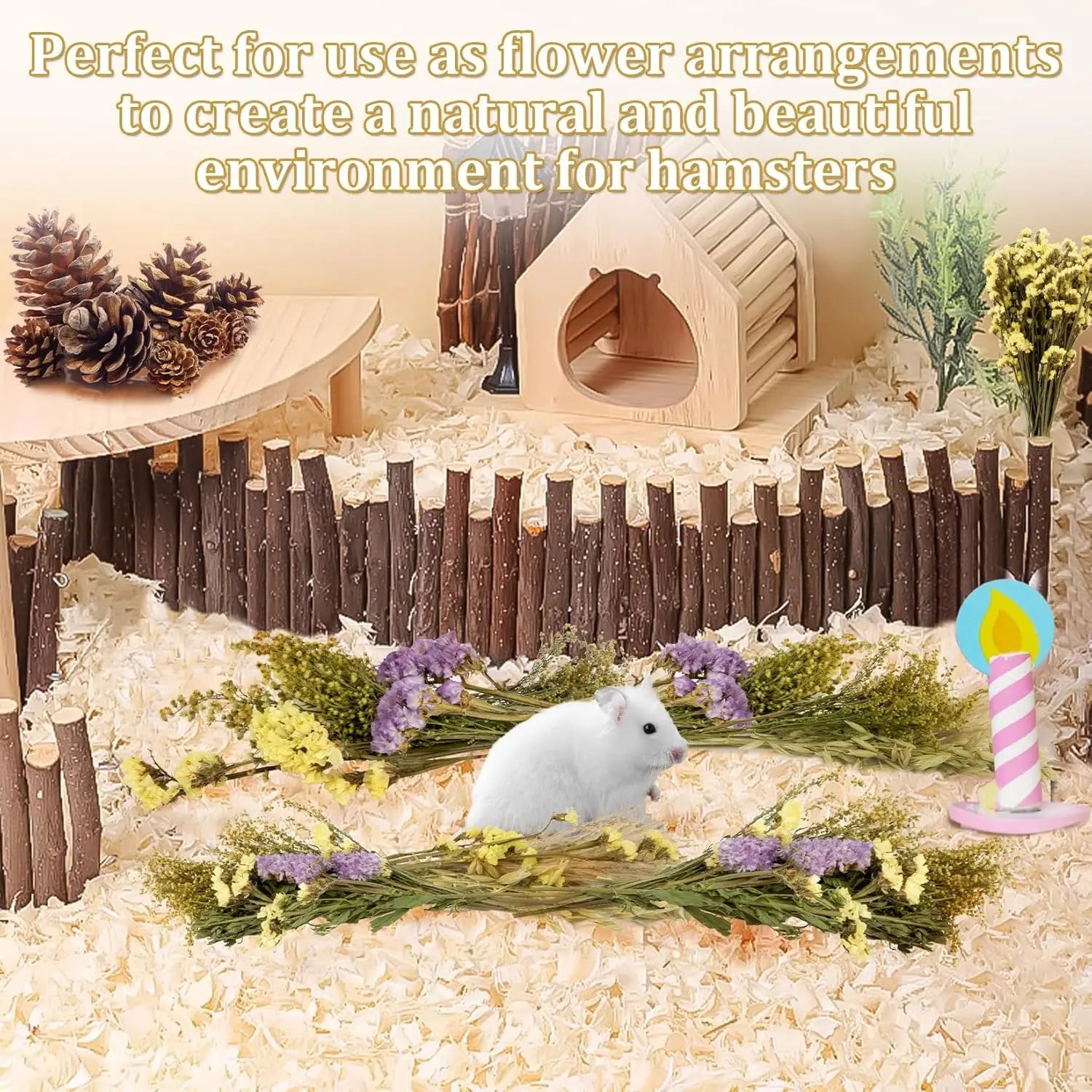 42Pcs Natural Dried Flowers Hamster Bedding Decor - Safe Herbs Sprays for Small Pet Cage Hideout