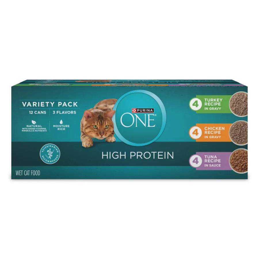 Natural High-Protein Wet Cat Food Variety Pack for Indoor Outdoor Cats Turkey Chicken Tuna Recipes in Gravy, 3 oz Cans, Grain-F