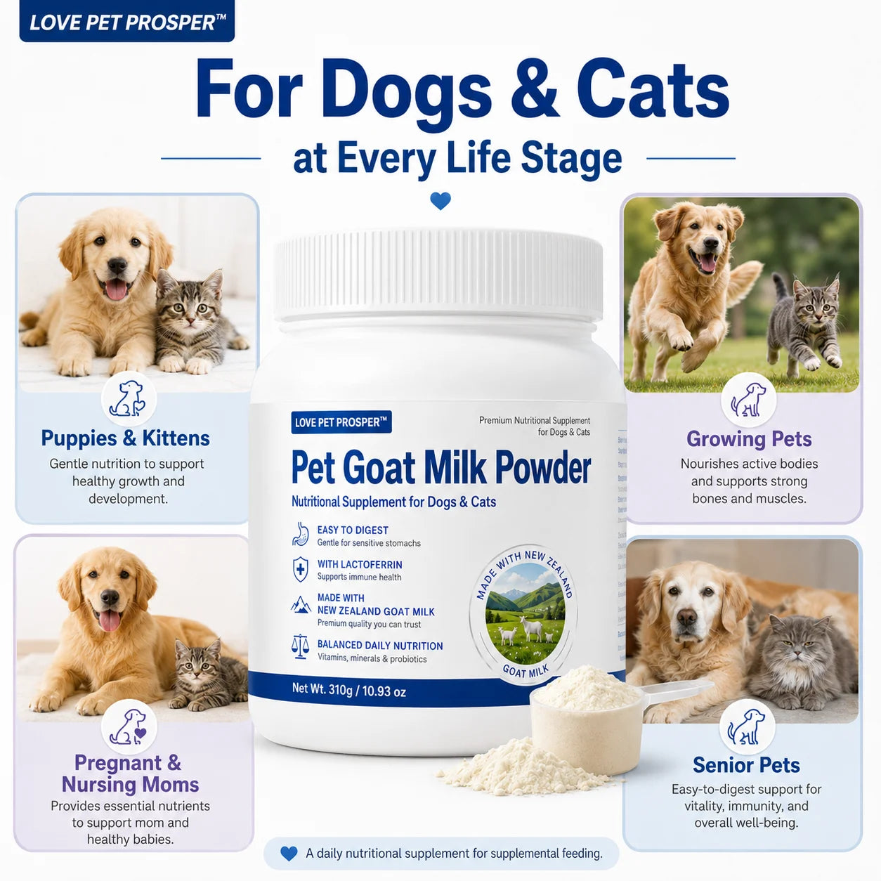 Pet Goat Milk Powder for Dogs & Cats, 310g Nutritional Supplement with Lactoferrin, Probiotics & Vitamins, Easy to Digest Goat Milk Powder for Puppies, Kittens, Senior Pets & Sensitive Stomachs