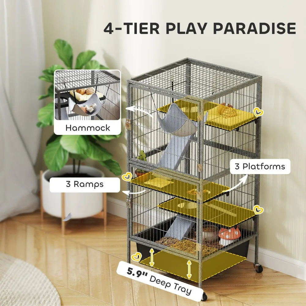 45" Small Animal Cage, 4-Tier Rolling Ferret Chinchilla Cage, Gray