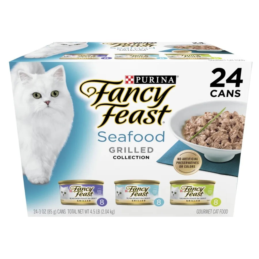 Purina Grilled Wet Cat Food with Seafood Flavor for Indoor Cats, 3 oz Cans, Rich in Protein, Grain-Free, Perfect for Daily Feed