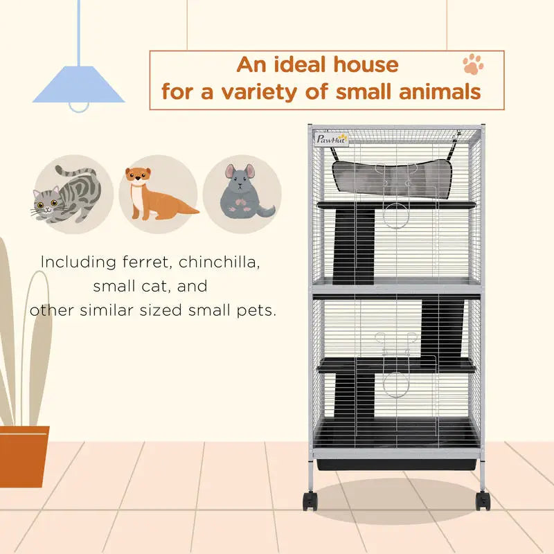PawHut 45" H Rolling Small Animal Cage with Hammock, Ferret Cage, Chinchilla Cage, Pet Habitat with 6 Doors, Removable Tray