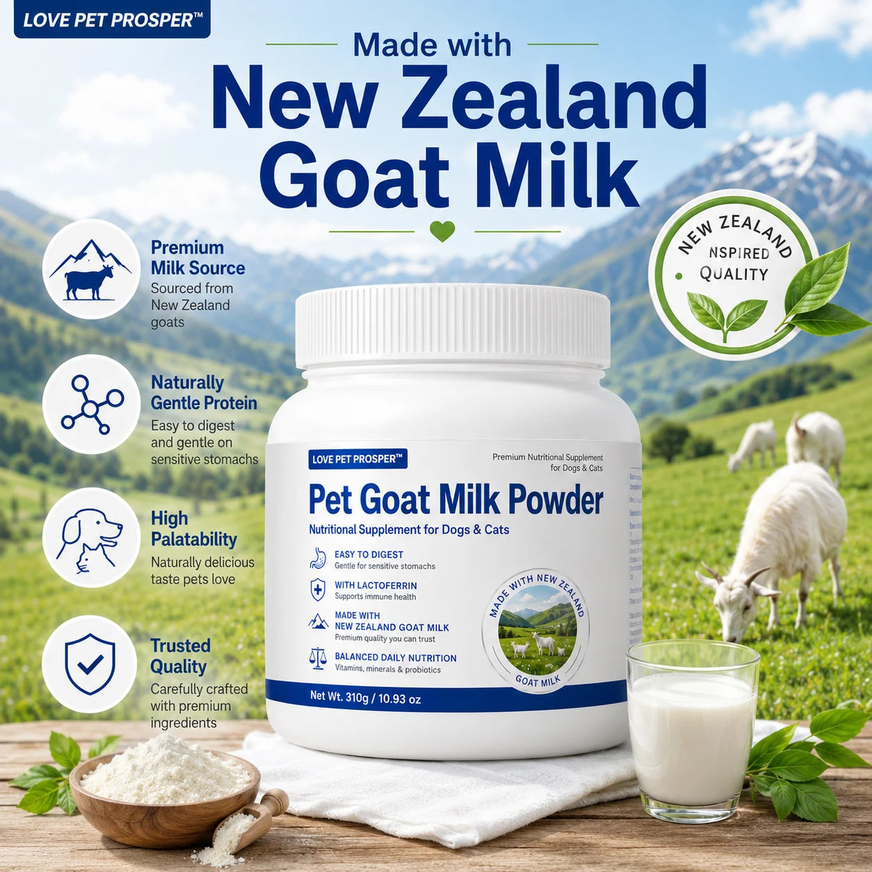 Pet Goat Milk Powder for Dogs & Cats, 310g Nutritional Supplement with Lactoferrin, Probiotics & Vitamins, Easy to Digest Goat Milk Powder for Puppies, Kittens, Senior Pets & Sensitive Stomachs