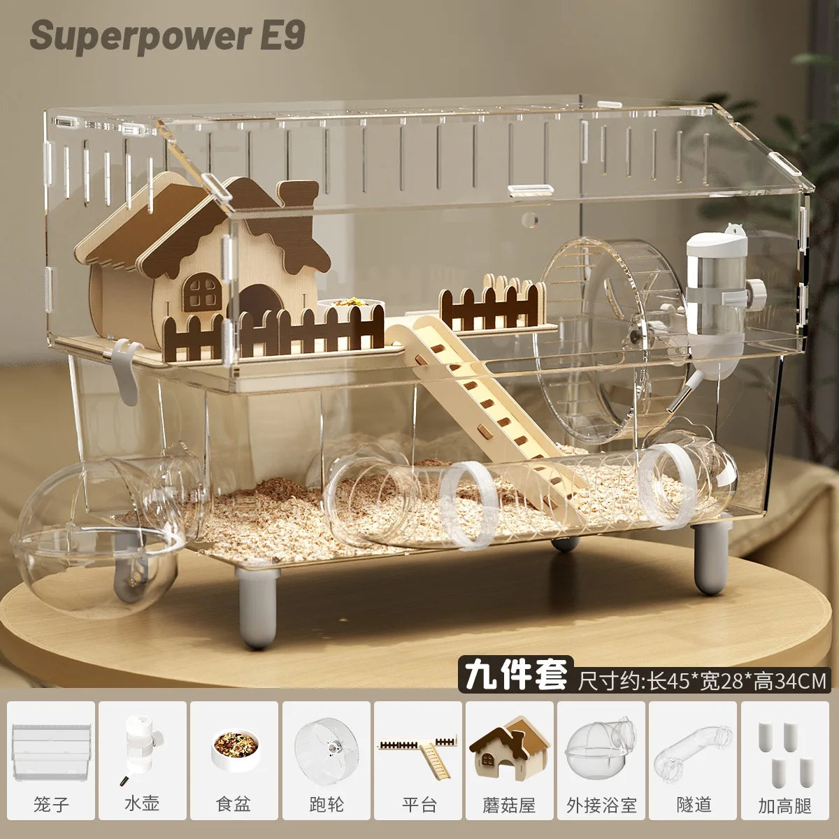 Acrylic Hamster Cage, 360째 View Hamster Villa, Large Luxury Anti-Chew Cage, Quiet Rolling Wheel, Easy to Clean