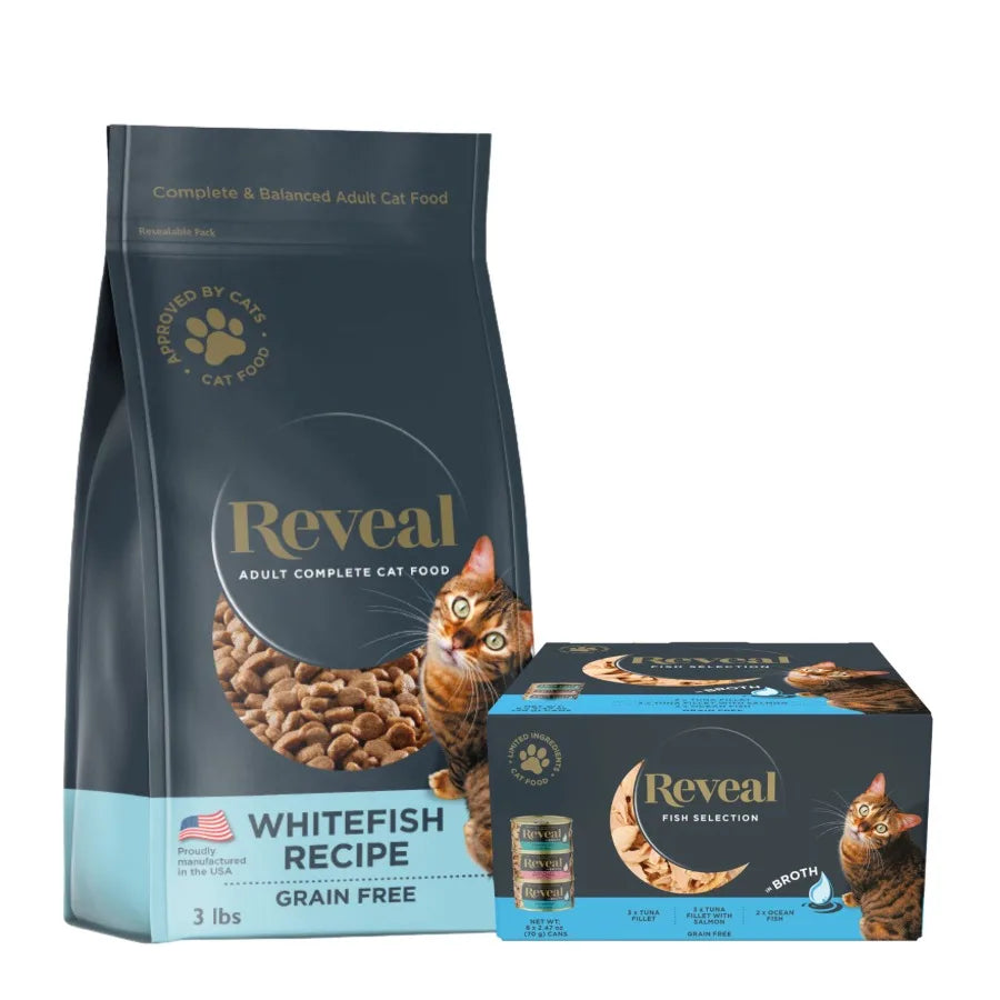 Reveal Dry Cat Food Whitefish Recipe 3lb and Wet Cat Food Fish Variety Pack in Broth 8 x 2.47oz Cans