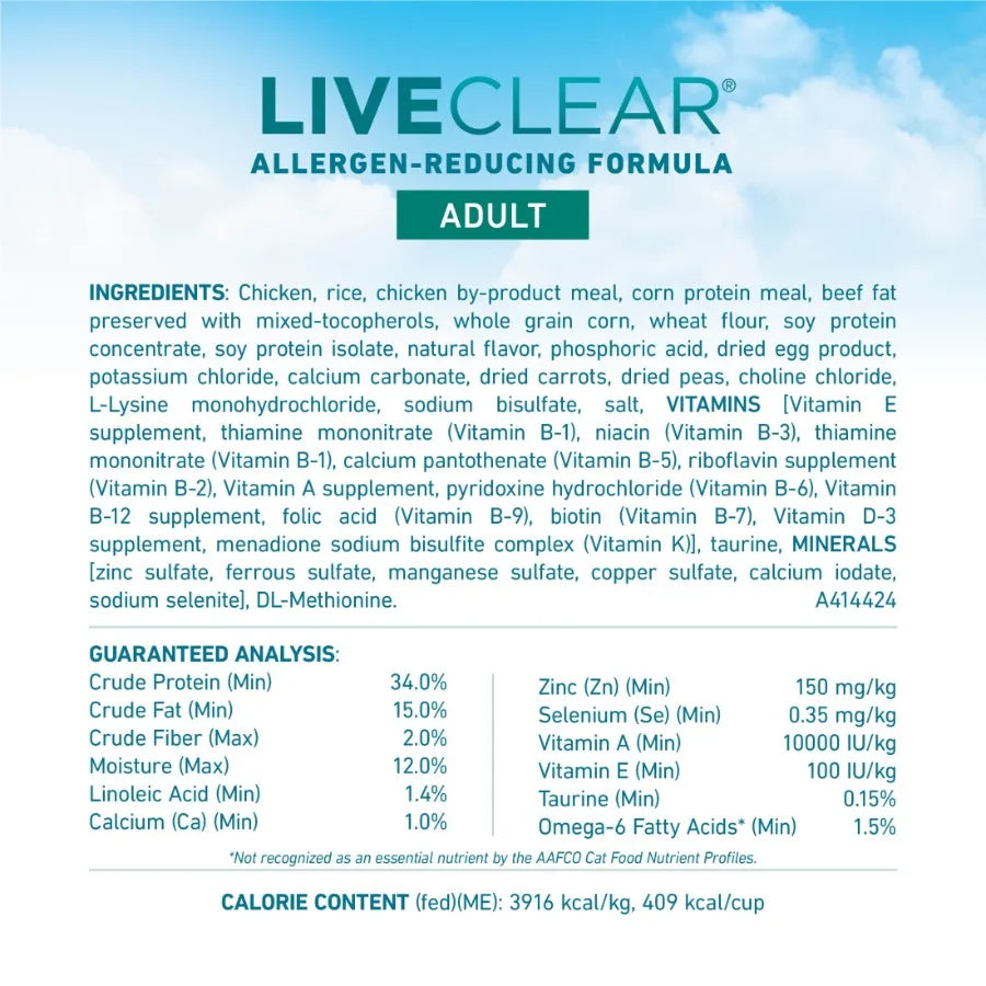 LiveClear Allergen-Reducing Dry Cat Food with Real Chicken First Ingredient, Ideal for Sensitive Cats, Light Brown, Supports He