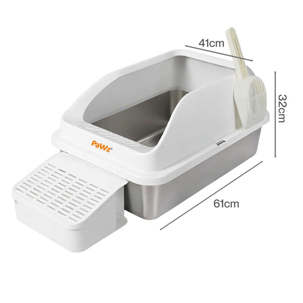 Pawz Stainless Steel Cat Litter Box Big Cats Kitten High Sided Easy Clean White