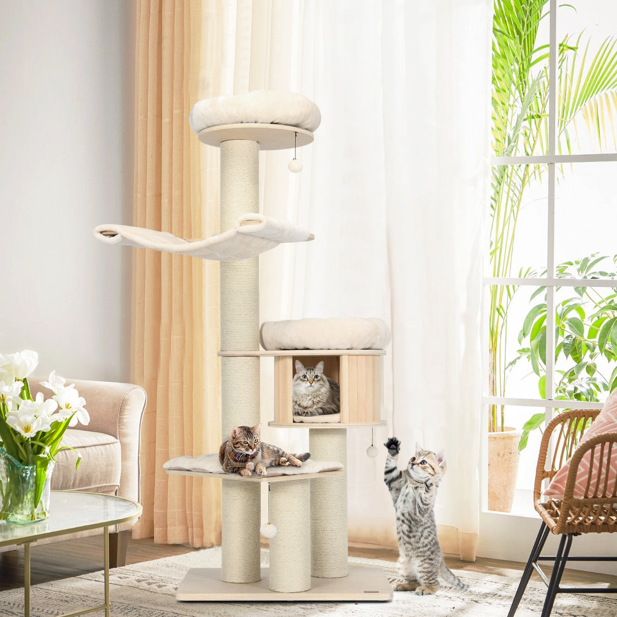NNECW 4-Layer Solid Wood Cat Tree for Kitten & Adult Cat
