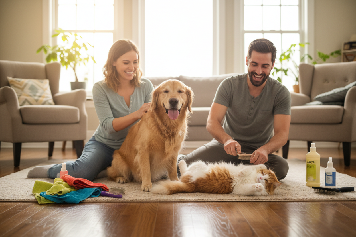 Pet Owners Grooming Happy Dog and Cat